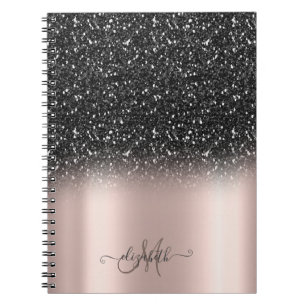 Elegant Black Glitter Ombre Monogram Rose Gold Notebook