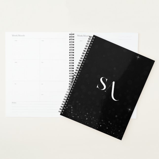 Elegant Black Glitter Planner with Initials (Display)