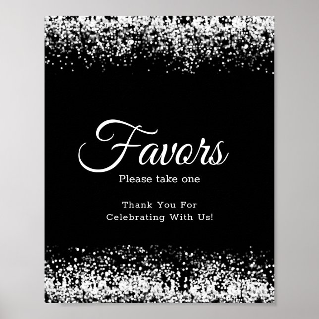 Elegant Black Glitter Silver Wedding Favour Sign (Front)