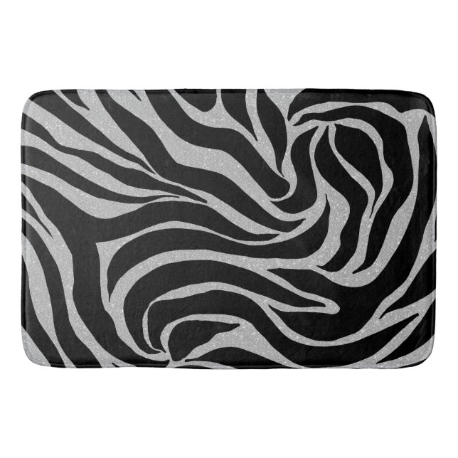 Elegant Black Glitter Silver Zebra Animal Print Bath Mat (Front)