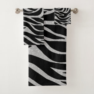 Elegant Black Glitter Silver Zebra Animal Print Bath Towel Set