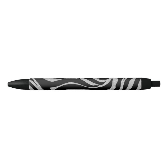 Elegant Black Glitter Silver Zebra Animal Print Black Ink Pen (Front)
