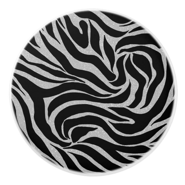 Elegant Black Glitter Silver Zebra Animal Print Ceramic Knob (Front)