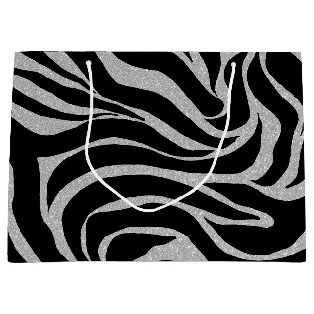 Elegant Black Glitter Silver Zebra Animal Print Large Gift Bag (Front)