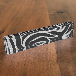 Elegant Black Glitter Silver Zebra Animal Print Nameplate