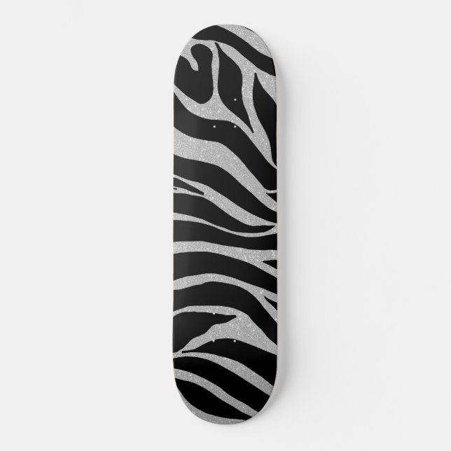 Elegant Black Glitter Silver Zebra Animal Print Skateboard (Front)