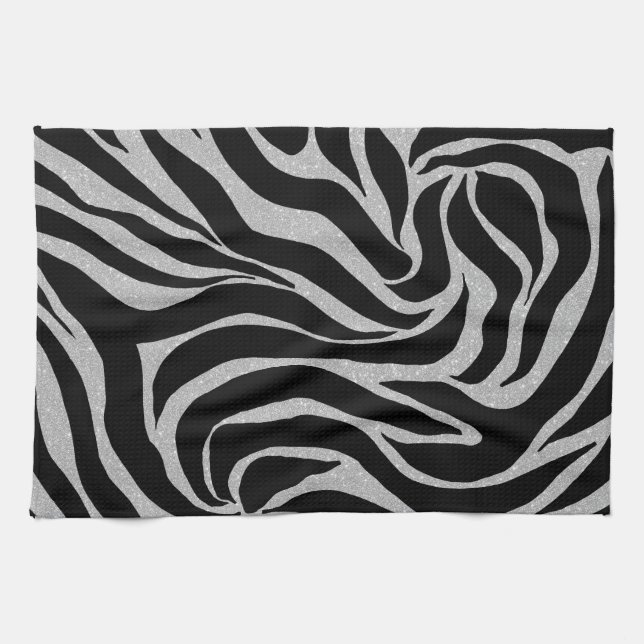 Elegant Black Glitter Silver Zebra Animal Print Tea Towel (Horizontal)