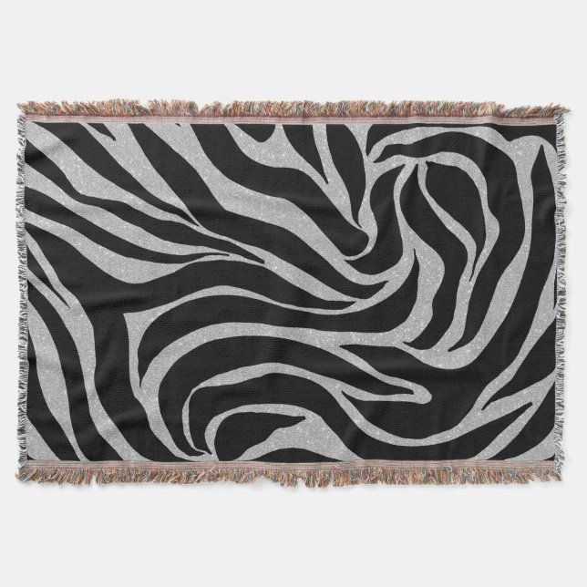 Elegant Black Glitter Silver Zebra Animal Print Throw Blanket (Front)