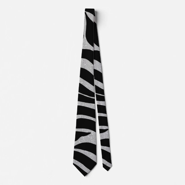 Elegant Black Glitter Silver Zebra Animal Print Tie (Front)