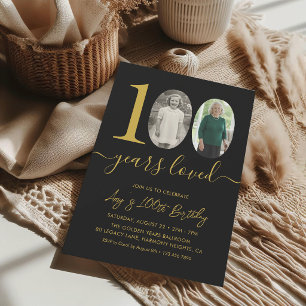Elegant Black Gold 100th Birthday Custom Photo Invitation