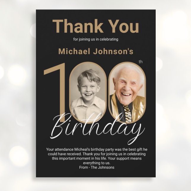 Elegant Black Gold 100th Birthday Thank You Card (Mockup View)
