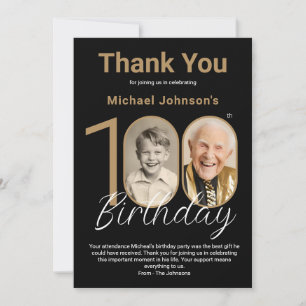 Elegant Black Gold 100th Birthday Thank You Card