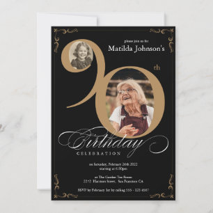 Elegant Black Gold 2 Photo Custom 90th Birthday Invitation