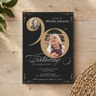 Elegant Black Gold 2 Photo Custom 90th Birthday Invitation