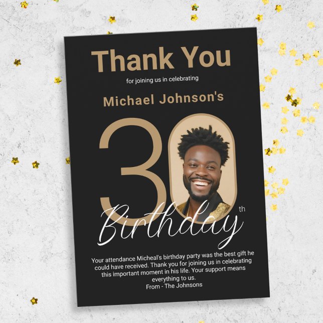 Elegant Black Gold 30th Birthday  Thank You Card (Elegant Black Gold 30th Birthday Thank You Card)