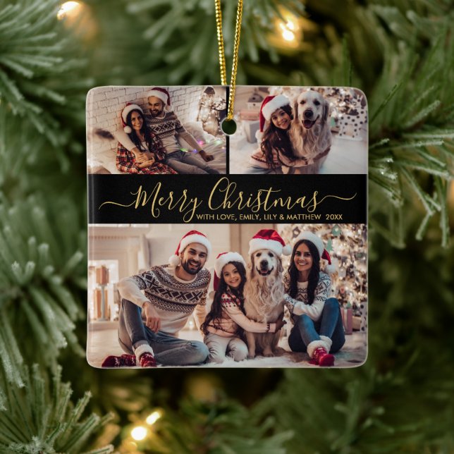Elegant Black Gold 3 Photo Collage Christmas  Ceramic Ornament (Tree)