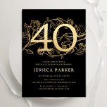 Elegant Black Gold 40th Birthday Invitation<br><div class="desc">Elegant black gold 40th birthday party invitation. Customisable modern feminine design featuring roses botanical accents and faux glitter gold. Simple floral invite card perfect for a stylish female bday celebration. Personalise with your own details. Printed Zazzle invitations or instant download digital printable template.</div>