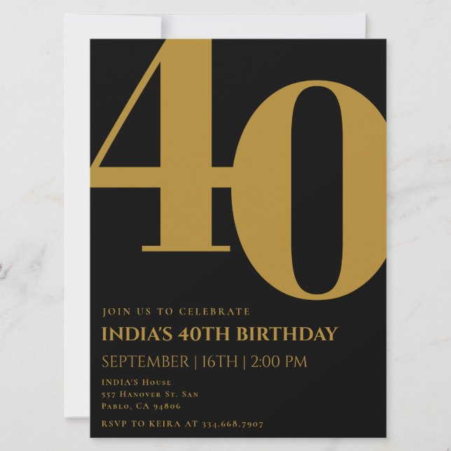 Elegant Black & Gold 40th Birthday Party  Invitation (Front)
