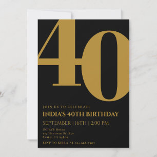 Elegant Black & Gold 40th Birthday Party  Invitation