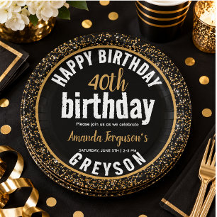 Elegant Black & Gold 40th Birthday Party Paper Plate