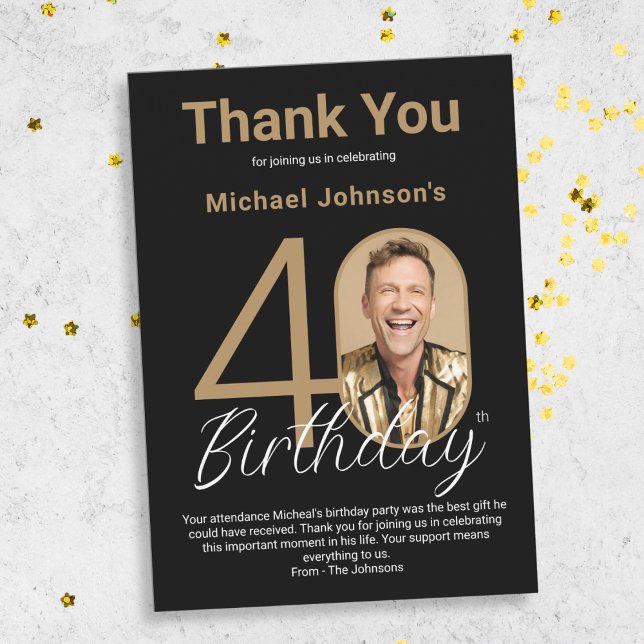 Elegant Black Gold 40th Birthday  Thank You Card (Elegant Black Gold 40th Birthday Thank You Card)