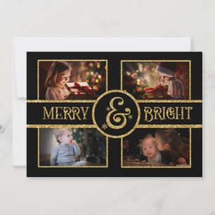 Elegant Black & Gold 4 Photo 2 sided Christmas Holiday Card