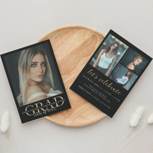 Elegant Black Gold 4 Photo Graduation Party Invitation