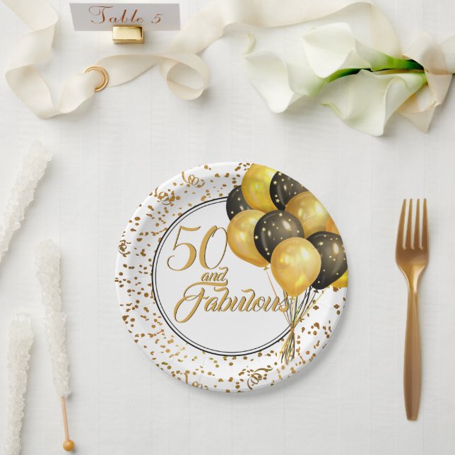 Elegant Black Gold 50 and Fabulous Birthday Paper  Plate (Wedding)