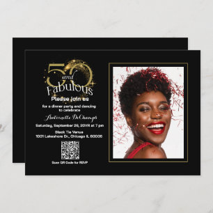 Elegant Black Gold 50 & Fabulous QR Code Birthday Invitation