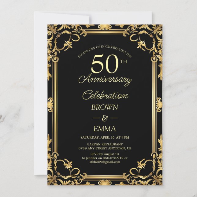 Elegant Black Gold 50th Anniversary Celebration In Invitation (Front)