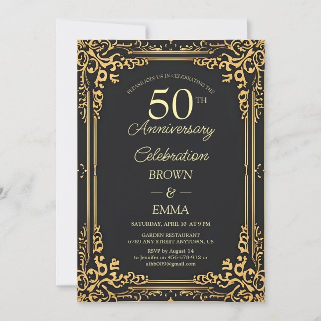 Elegant Black Gold 50th Anniversary Celebration In Invitation (Front)