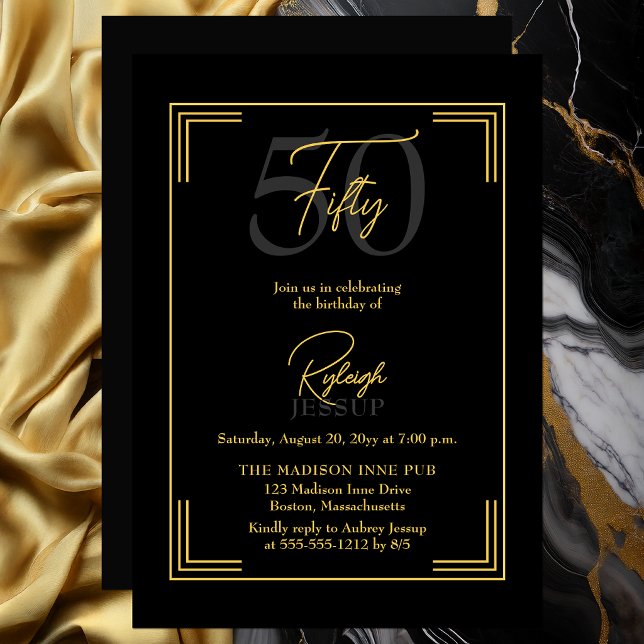 Elegant Black Gold 50th Birthday Art Deco Party Invitation (Elegant black and gold 50th birthday invitation with refined Art Deco frame)