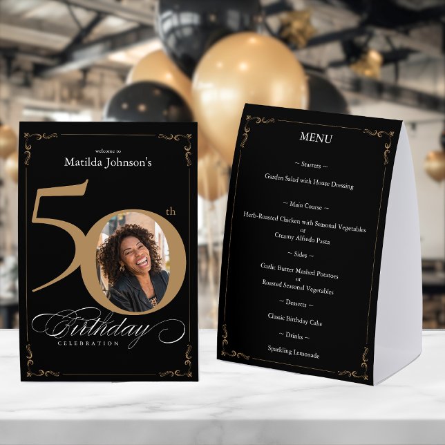Elegant Black Gold 50th Birthday Menu (Elegant Black Gold 50th Birthday Menu Paper Table Tent)