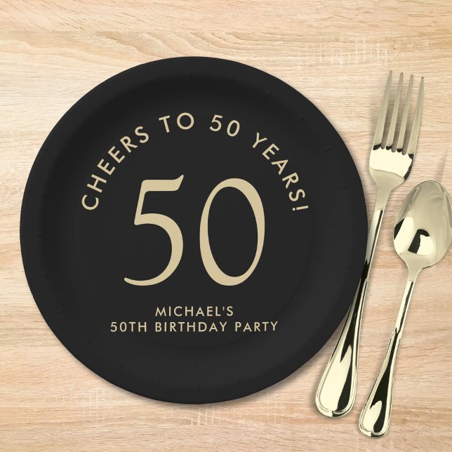 Elegant Black Gold 50th Birthday Party Paper Plate (Creator Uploaded)