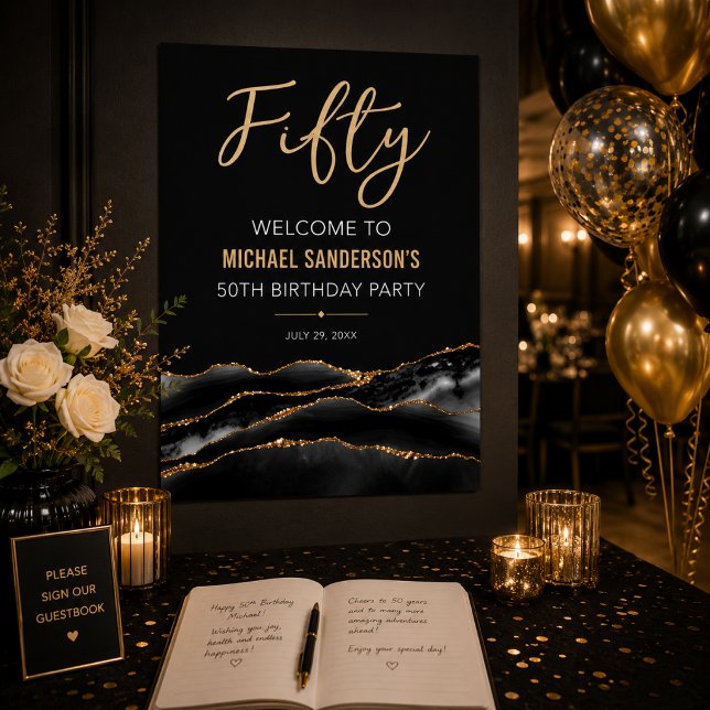 Elegant Black Gold 50th Birthday Poster (Elegant guestbook table with black and gold 50th birthday poster)