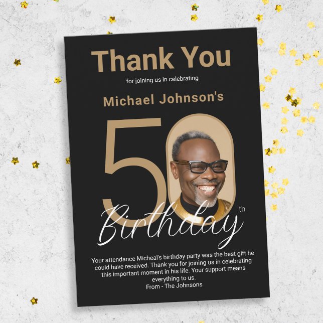 Elegant Black Gold 50th Birthday  Thank You Card (Elegant Black Gold 50th Birthday Thank You Card)