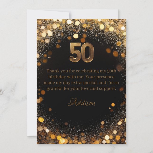 Elegant Black & Gold 50th Birthday Thank You Card (Front)