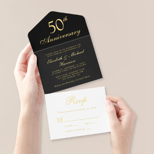 Elegant Black Gold 50th Wedding Anniversary All In One Invitation