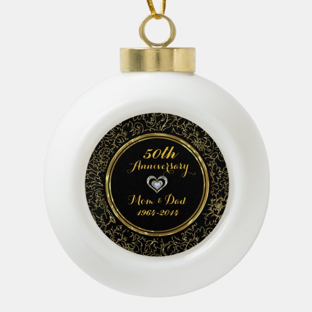 Elegant Black & Gold 50th Wedding Anniversary Ceramic Ball Christmas Ornament (Front)