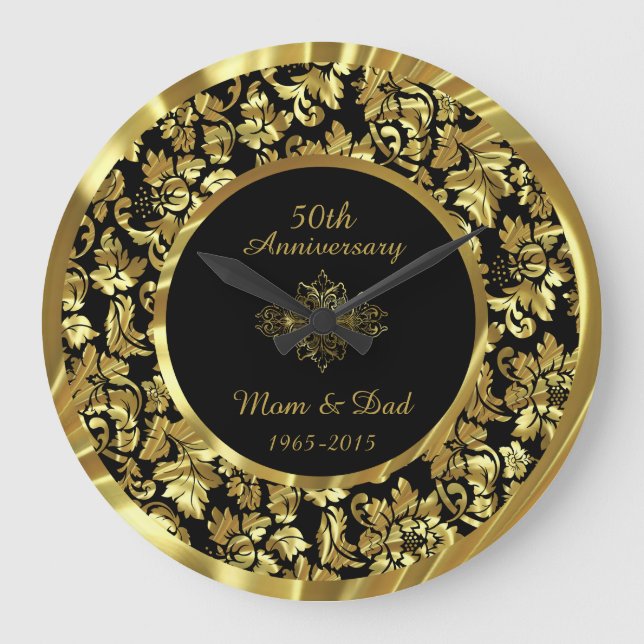 Elegant Black & Gold 50th Wedding Anniversary Large Clock (Front)
