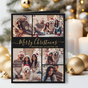 Elegant Black Gold 5 Photo Collage Christmas Card