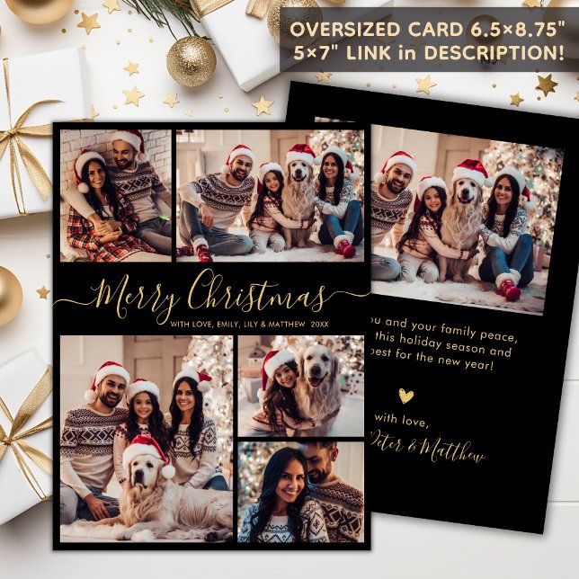 Elegant Black Gold 5 Photo Collage Christmas  Holiday Card (Creator Uploaded)