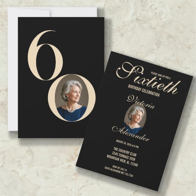 Elegant Black Gold 60th Birthday Photo  Invitation (Elegant Black Gold 60th Birthday Photo Invitation)