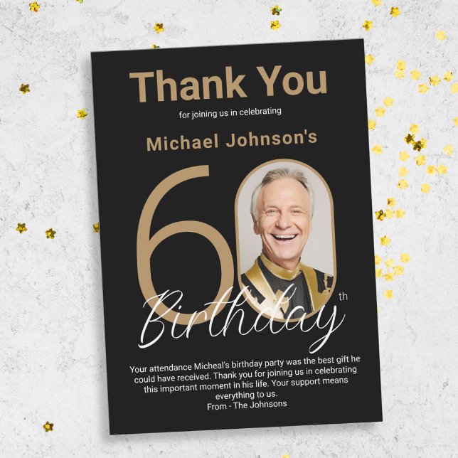 Elegant Black Gold 60th Birthday  Thank You Card (Elegant Black Gold 60th Birthday Thank You Card)