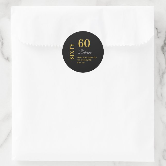 Elegant Black & Gold 60th Birthday Thank You   Classic Round Sticker (Bag)