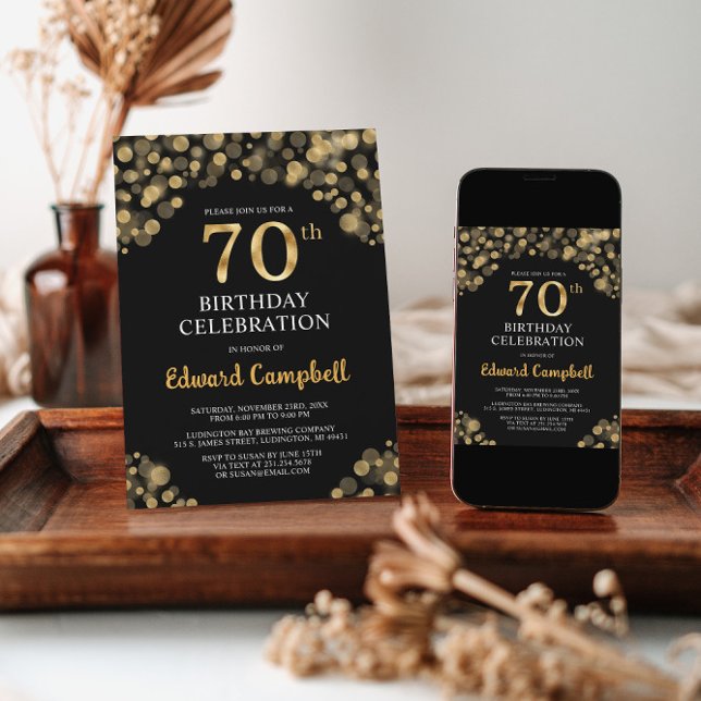Elegant Black & Gold 70th Birthday Invitation (Creator Uploaded)