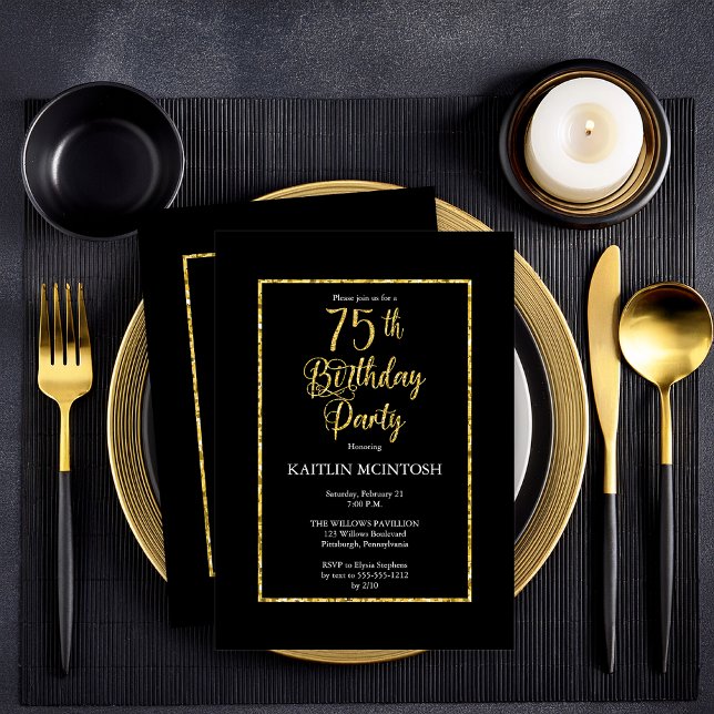 Elegant Black Gold 75th Birthday Party Invitation (Elegant Black and Faux Gold Butterflies 75th Birthday Party  Party Invitation - Print | Digital)
