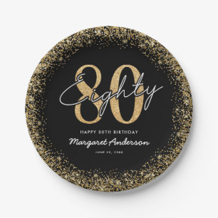 Elegant Black Gold 80th Birthday Paper Plates