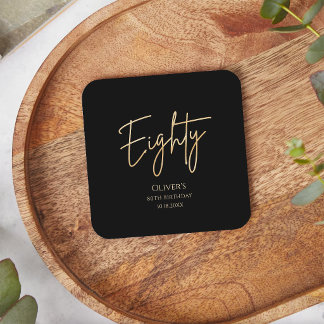 Elegant Black Gold 80th Birthday Party  Square Paper Coaster