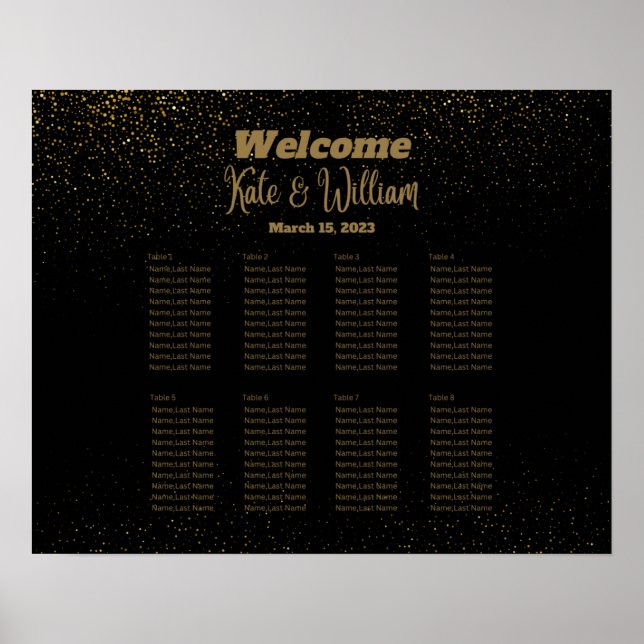 Elegant Black & Gold 8 Tables Seating Chart (Front)